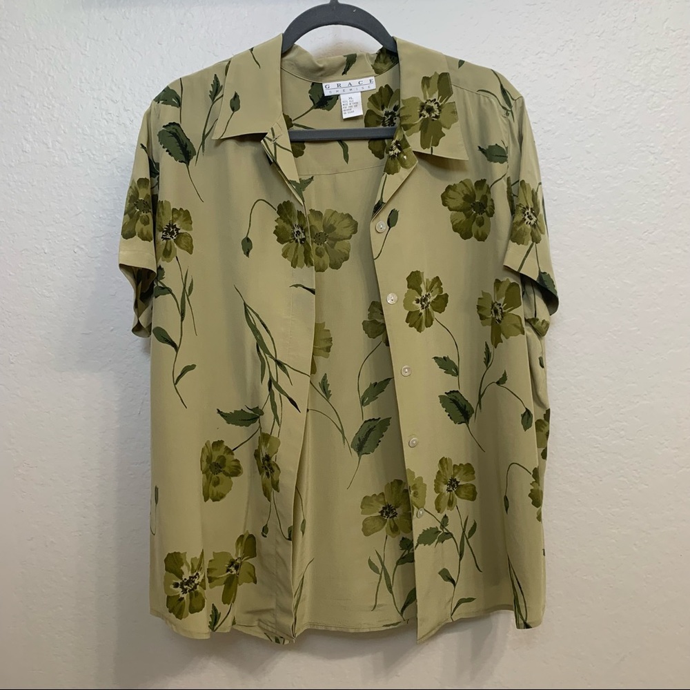 Green floral button down